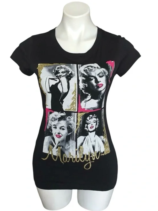 Marilyn Monroe Fitted Glitter T-Shirt Black & White - Picture 1 of 9